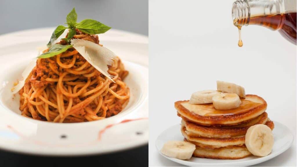 Spaghetti bolognese dan pancake pisang